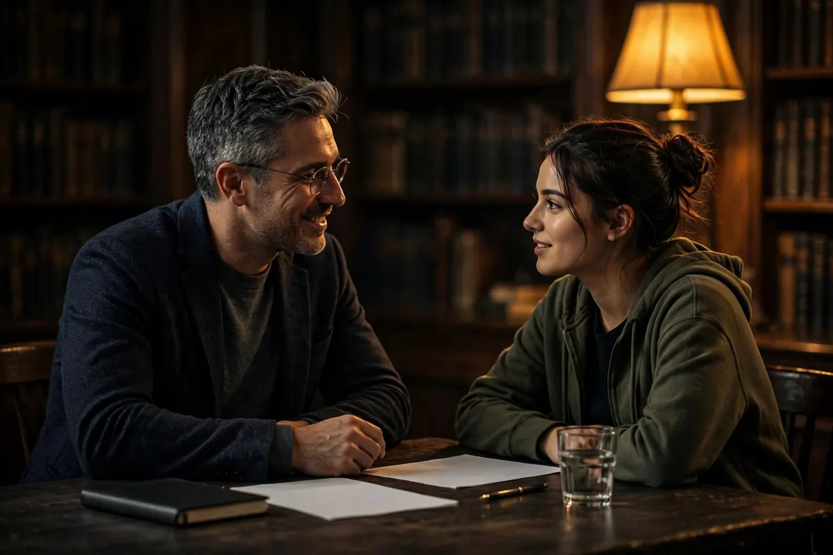 A mentor and a student talking over notes at a library table