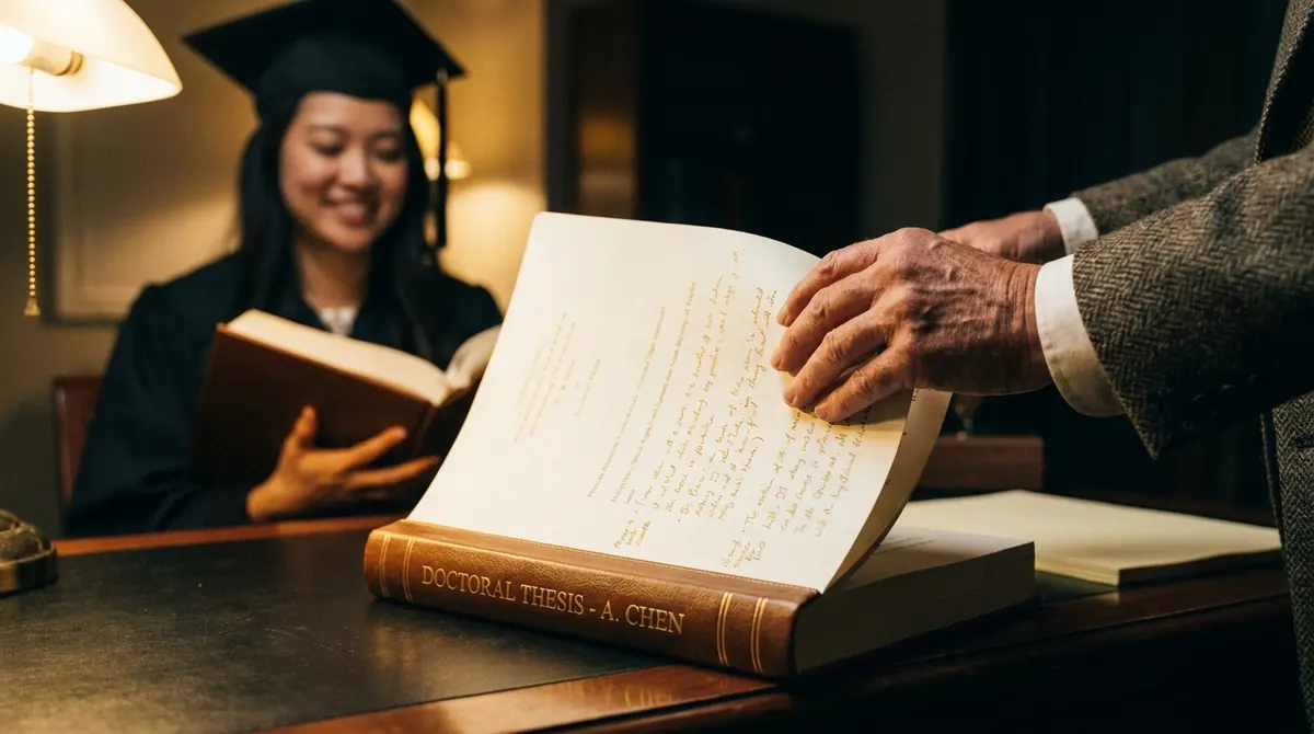 A graduate reading a large book beside her mentor