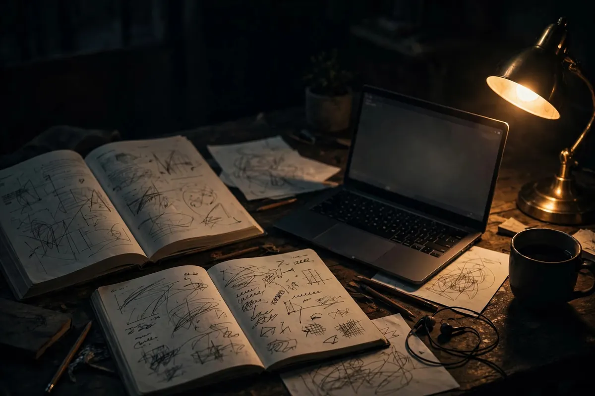 A desk with open books, notes and a laptop