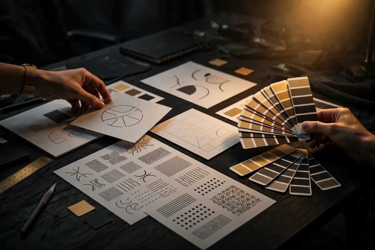 Brand identity sketches and colour swatches laid out on a desk