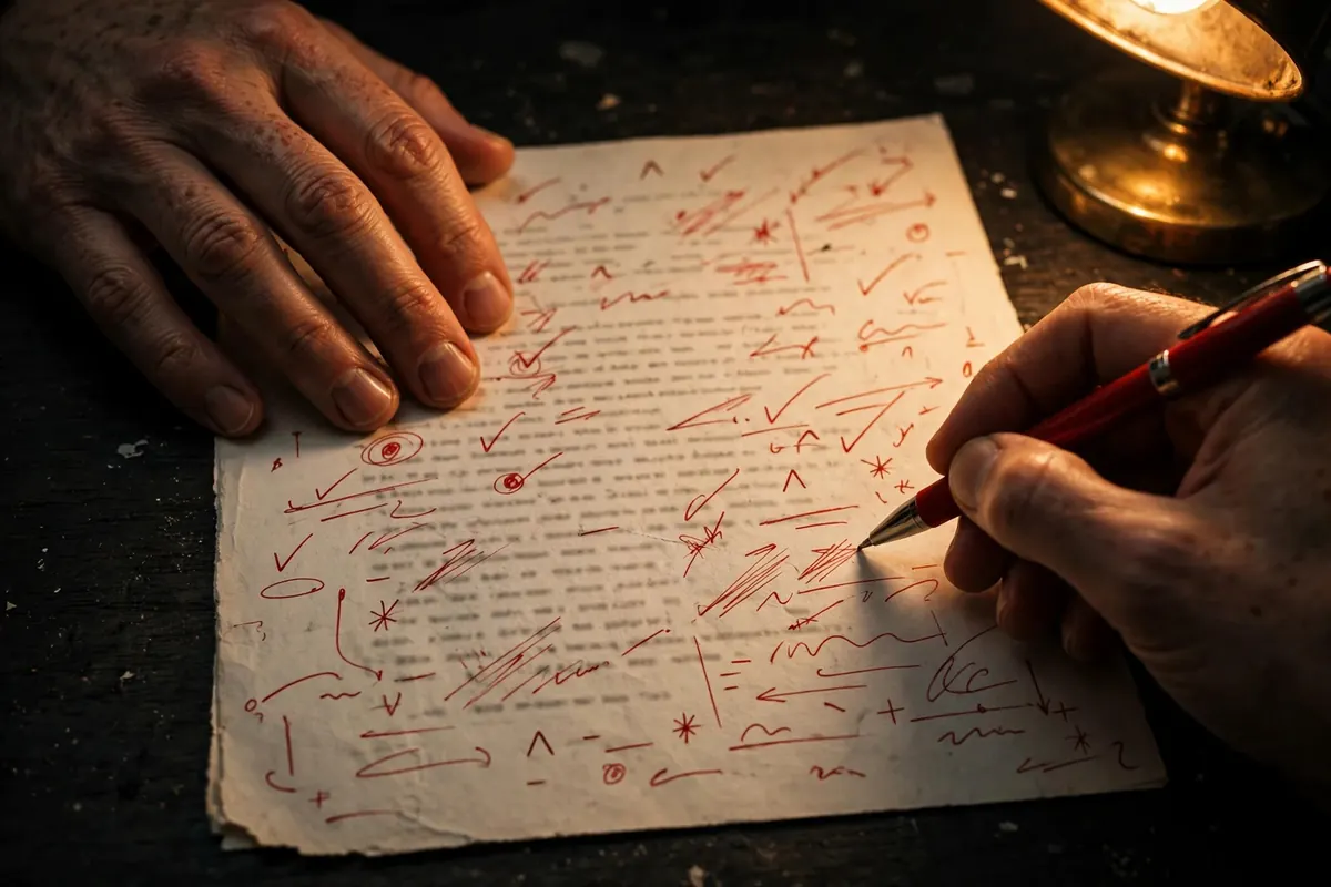 A hand marking up a printed manuscript in red pen