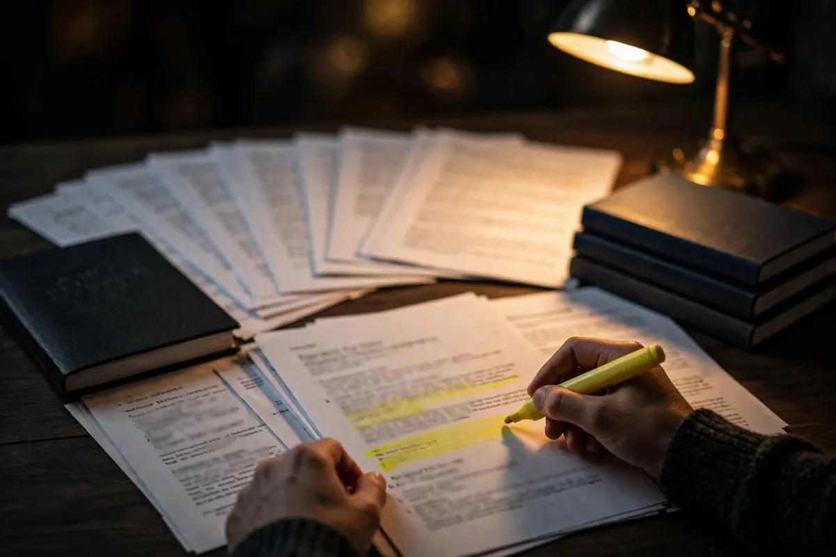 A researcher highlighting a printed paper